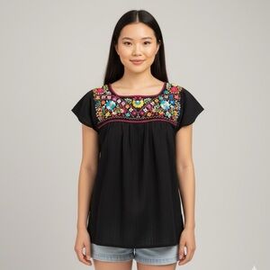 Mexican Black Embroidered Colourful Flowers Short Sleeve Boho Top - Small 🌹